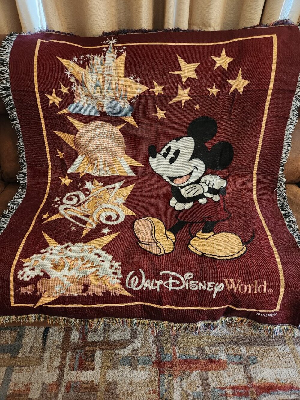 Vintage Walt Disney World Tapestry Woven Throw Blanket Red Gold Mickey Mouse T7